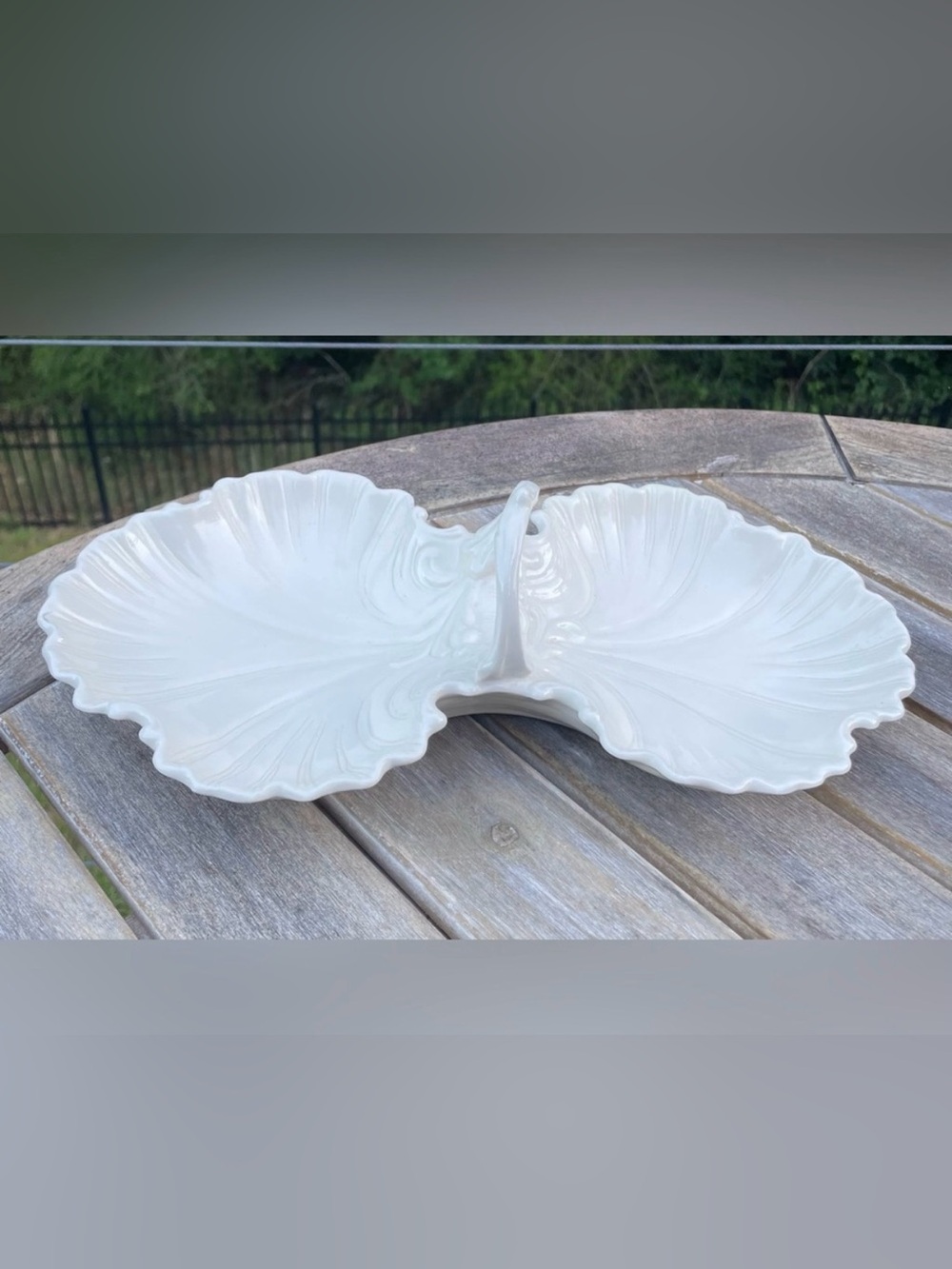 Vintage White Ceramic Double Shell Serving Dish with Center Handle - 13"